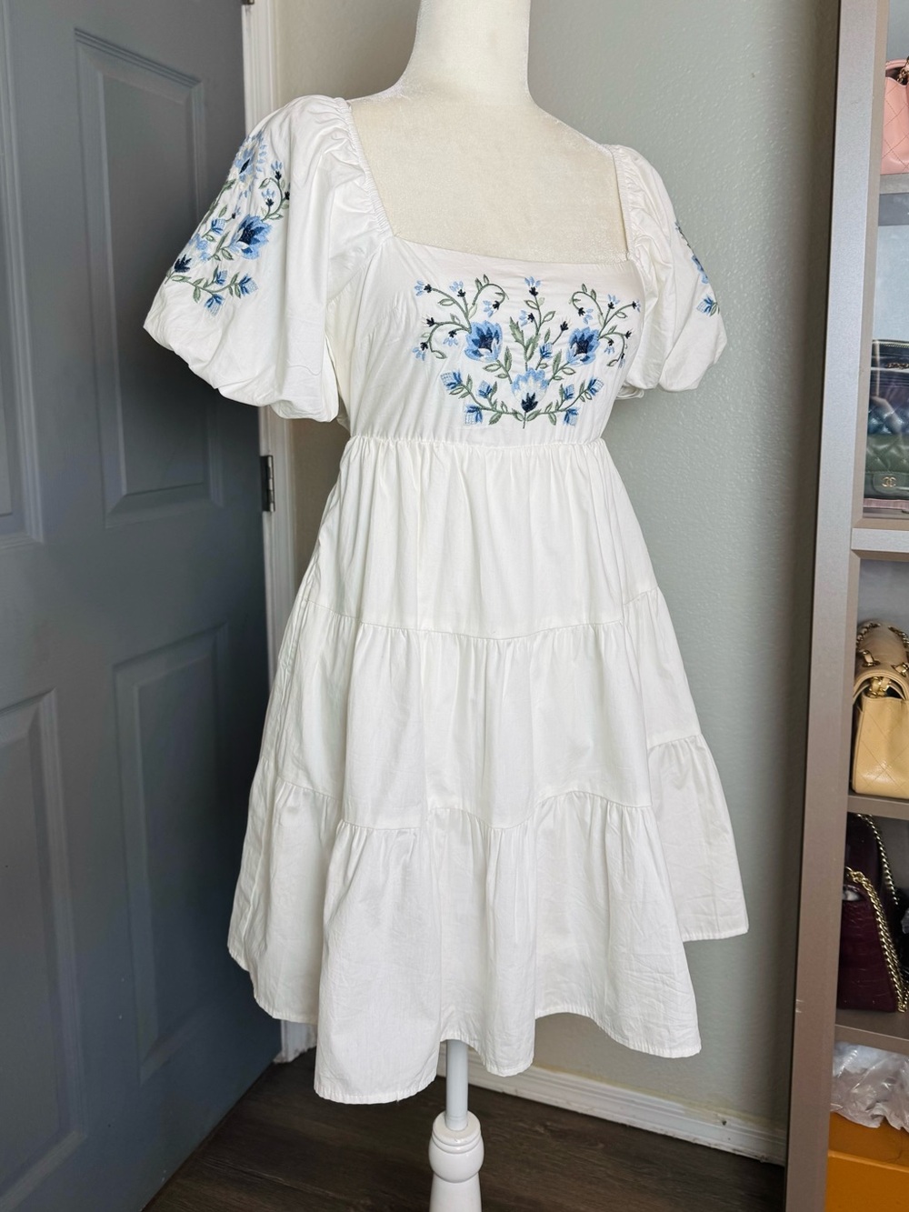 NWT Francesca’s Cottagecore Floral Embroidered Square Neck Tiered Babydoll Dress